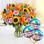 Vibrant Bunch of Flowers With Birthday Balloons