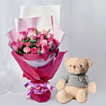 Magnificent Mixed Roses Wrapped Bouquet With Teddy