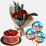 Red Roses Bouquet With Cake and Balloons