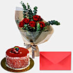 Red Roses Bouquet With Cake and Card