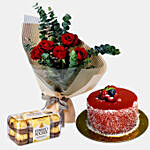 Red Roses Bouquet With Cake and Chocolate