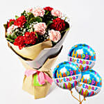 Appealing Mixed Carnations Bouquet With Birthday Balloons