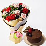 Appealing Mixed Carnations Bouquet With Chocolate Cake