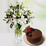 Charm Of White With Lilies And Roses With Chocolate Cake