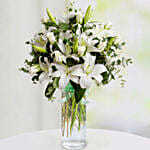 Charm Of White With Lilies And Roses With Chocolate Cake