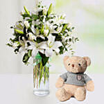 Charm Of White With Lilies And Roses With Teddy Bear