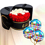 Floral Box Of Red N White Roses With Birthday Balloons