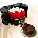 Floral Box Of Red N White Roses With Chocolate Cake