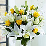 Lilies And Yellow Roses With Chocolate Cake