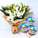 White Beauty Lilies Bouquet With Birthday Balloons