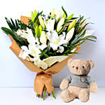 White Beauty Lilies Bouquet With Teddy Bear