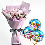 Beautiful Pink Roses Bouquet With Birthday Balloons
