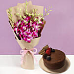 Beautiful Royal Orchids Bouquet With Chocolate Cake