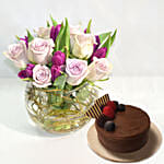 Beautiful Tulips Roses In Fish Bowl With Chocolate Cake