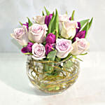 Beautiful Tulips Roses In Fish Bowl With Chocolate Cake