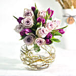 Beautiful Tulips Roses In Fish Bowl With Chocolate Cake