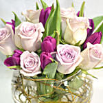 Beautiful Tulips Roses In Fish Bowl With Chocolate Cake