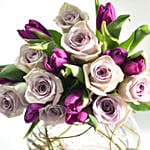 Beautiful Tulips Roses In Fish Bowl With Chocolate Cake