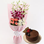 Elegant Flower Bouquet With Chocolate Cake