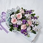 Elegant Mixed Flowers Wrapped Bouquet With Cake