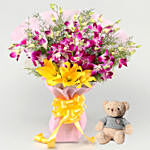Eternal Assorted Flowers Bouquet With Teddy Bear