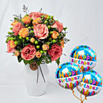 Exotic Flowers Ceramic Vase Arrangement With Birthday Balloons