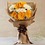 Lovely Yellow White Flowers Jute Bouquet With Balloons