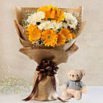 Lovely Yellow White Flowers Jute Bouquet With Teddy