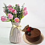 Mesmerising Tulips In Ceramic Vase With Cake