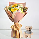 Premium Mixed Flowers Bouquet With Teddy Bear