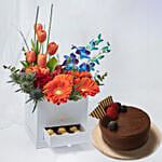 Premium Mixed Flowers Box Arrangement With Cake