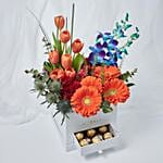 Premium Mixed Flowers Box Arrangement With Cake