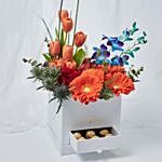 Premium Mixed Flowers Box Arrangement With Cake