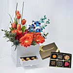 Premium Mixed Flowers Box Arrangement With Chocolate