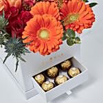 Premium Mixed Flowers Box Arrangement With Ferrero Rocher