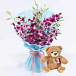 Purple Orchids With Teddy Bear