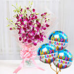 Royal Orchid Bunch With Birthday Balloons