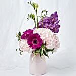 Serene Mixed Flowers Vase Arrangement With Cake