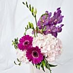 Serene Mixed Flowers Vase Arrangement With Cake