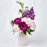 Serene Mixed Flowers Vase Arrangement With Cake