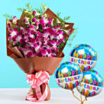 Six Exotic Purple Orchids Bouquet With Balloons