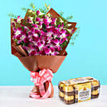 Six Exotic Purple Orchids Bouquet With Ferrero Rocher