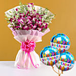 Ten Purple Orchids Bouquet With Balloons