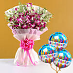 Ten Purple Orchids Bouquet With Balloons