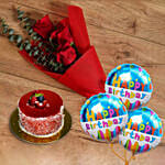 Red Roses Bouquet And Cake With Birthday Balloons