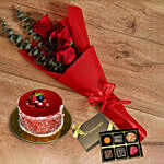 Red Roses Bouquet And Cake With Birthday Chocolate