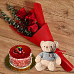 Red Roses Bouquet And Cake With Teddy Bear