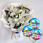 Charming White Lilies Bouquet With Birthday Balloons