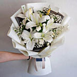 Charming White Lilies Bouquet With Chocolate Cake