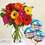 Heavenly Multicoloured Gerberas With Birthday Balloons
